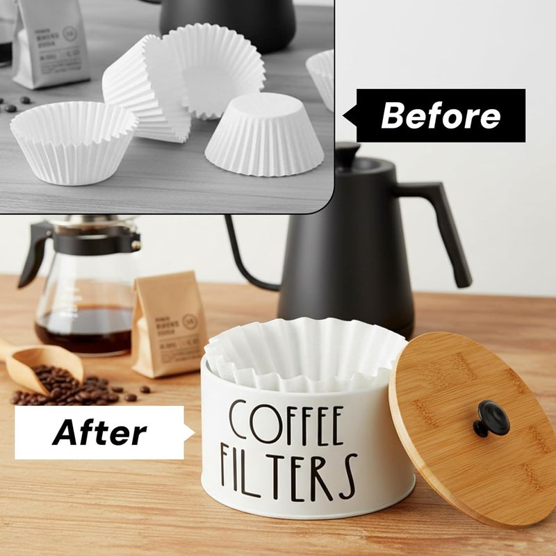 Acshio Coffee Filter Holder with Lid, Metal Round Coffee Filters Storage Container, White Large Coffees Pod Organizer Basket Coffees Bar Decor Accessories for Counter, Farmhouse - Image 4